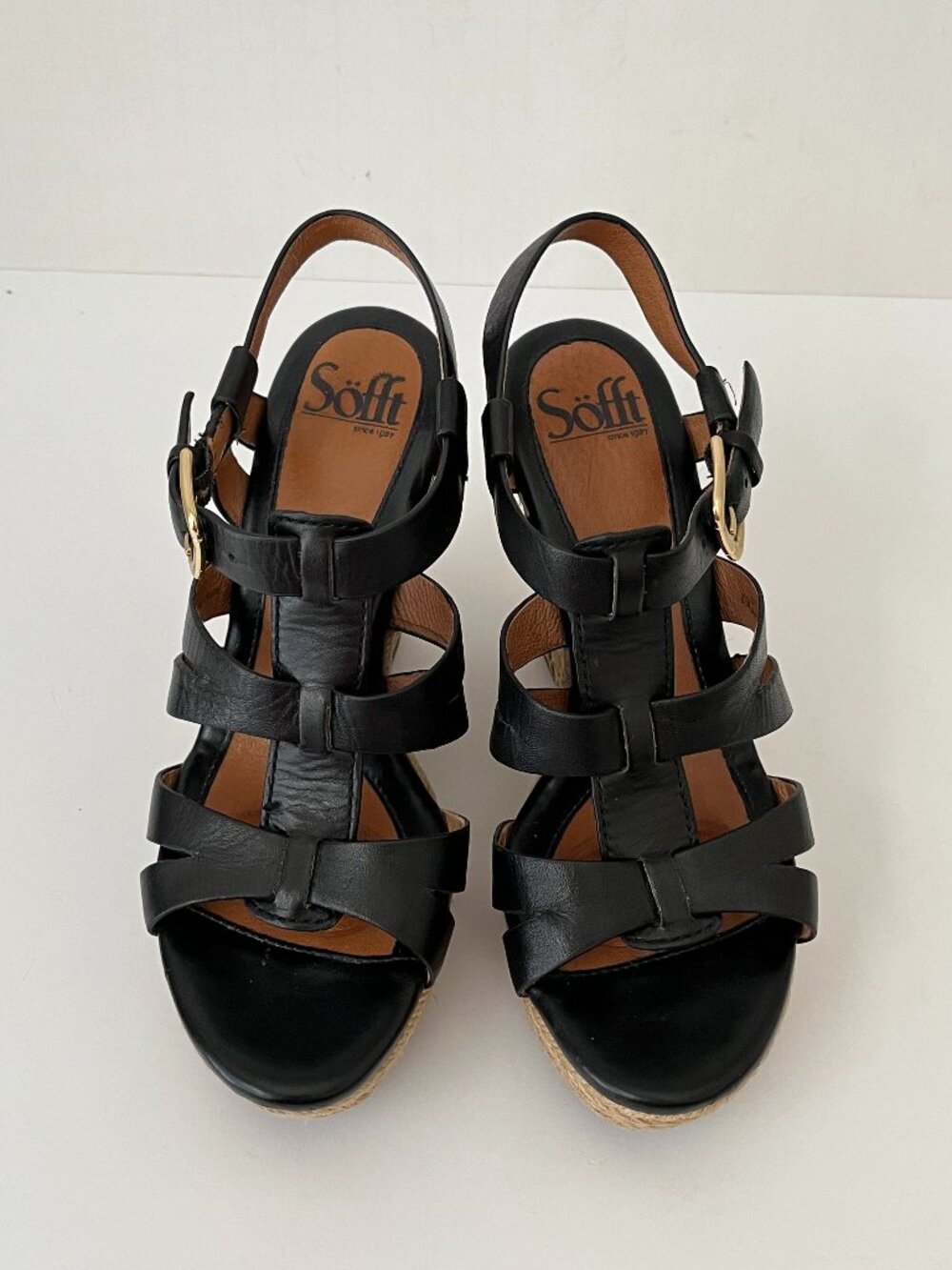 Sofft Wedge Sandals Black Leather Platform Jute Espadrille Heels ~ Women's 6.5M